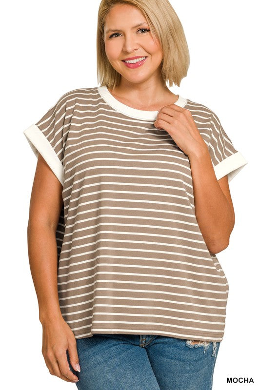 Mocha + White Stripe Short Sleeve Top