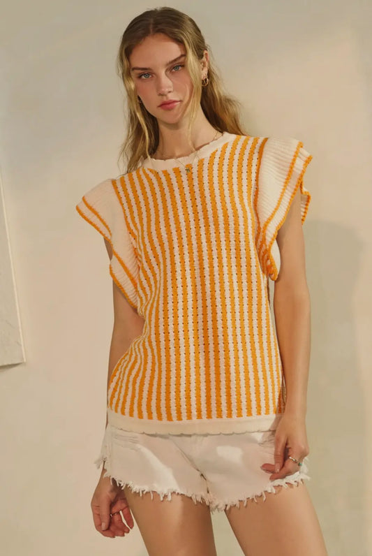 Orange Stripe Ruffle Sleeve Sweater Top