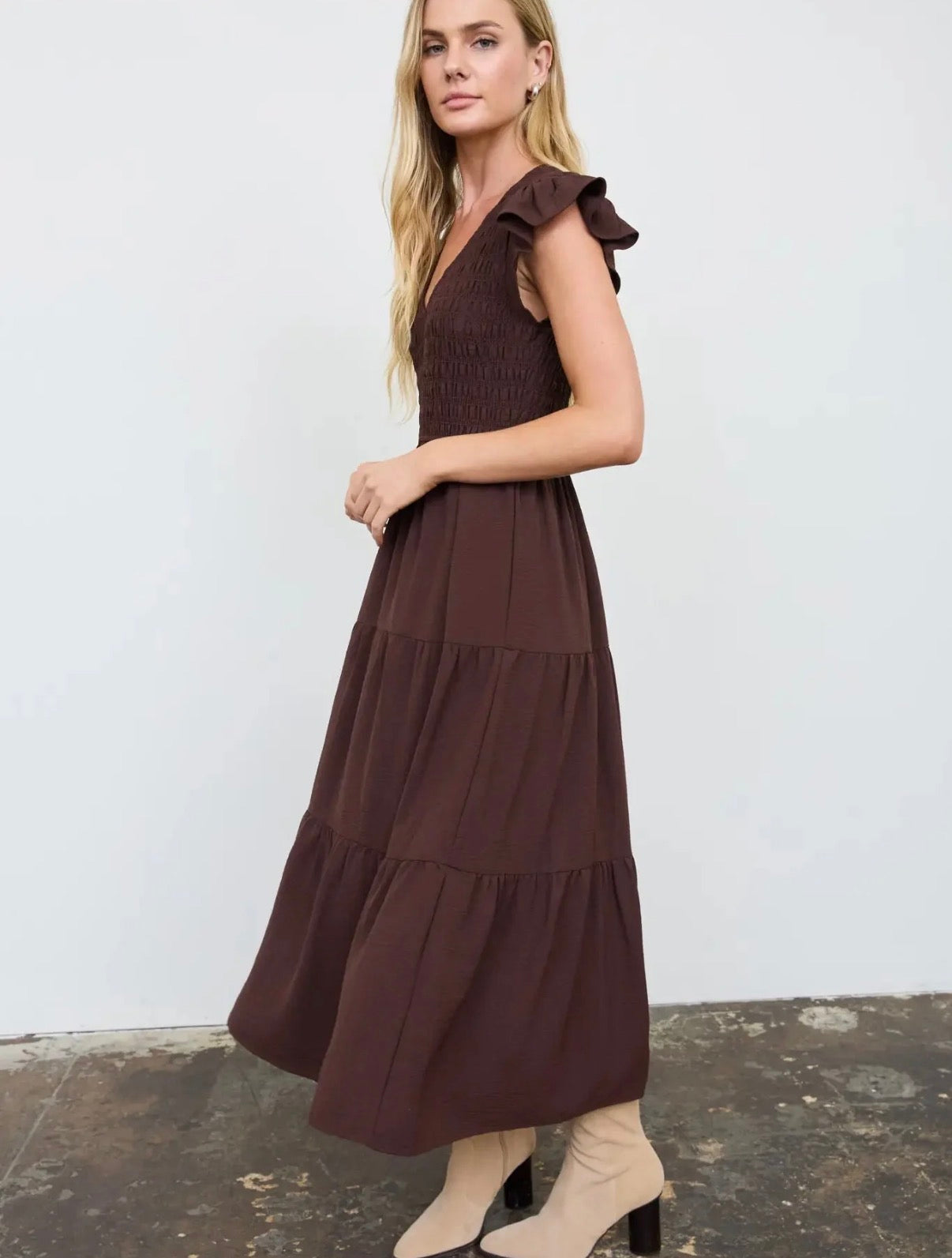 Chocolate Smocked Flutter Sleeve Midi Dress