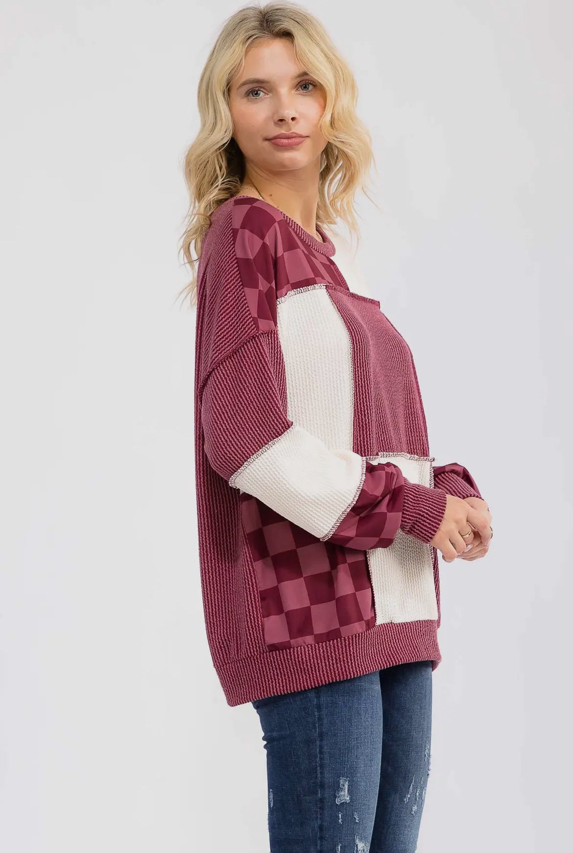 Burgundy + Checkered Ribbed Colorblock Long Sleeve Top