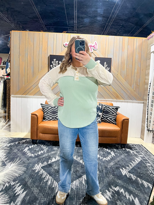 Sage Ribbed Lace Detail Long Sleeve Top