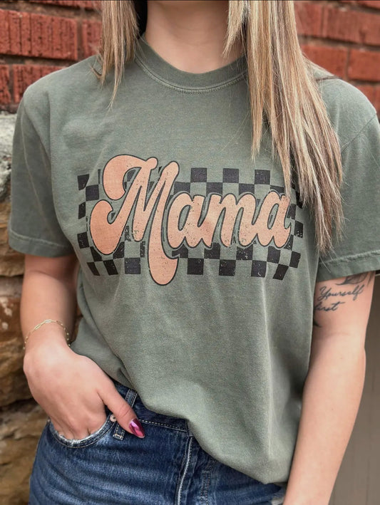 Olive Retro Checkered Comfort Colors Tee