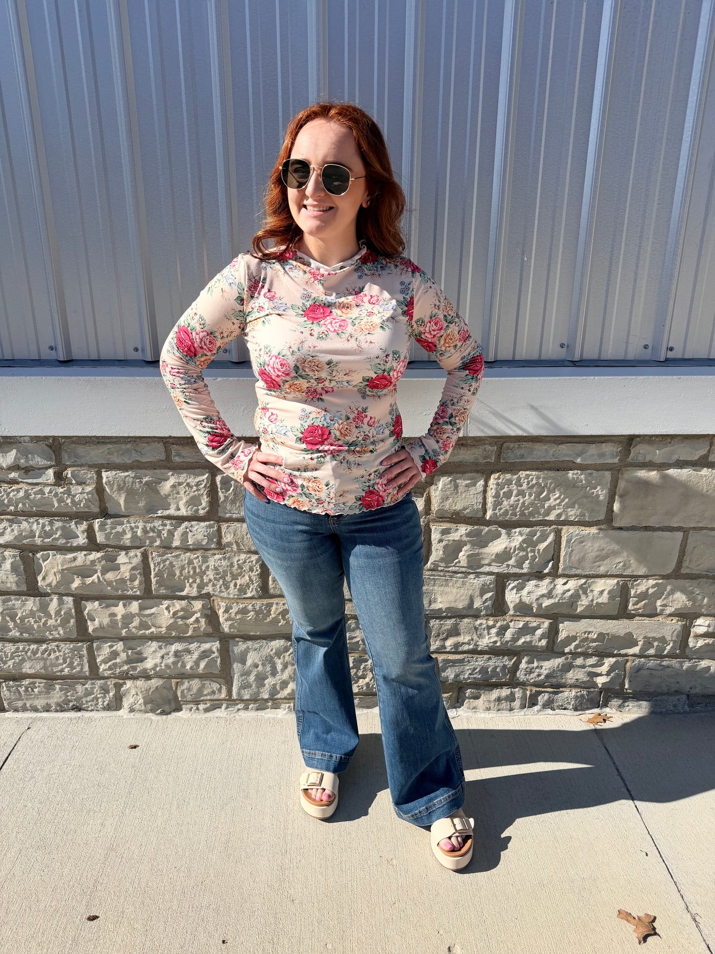 Oatmeal Floral Mock Neck Long Sleeve Top