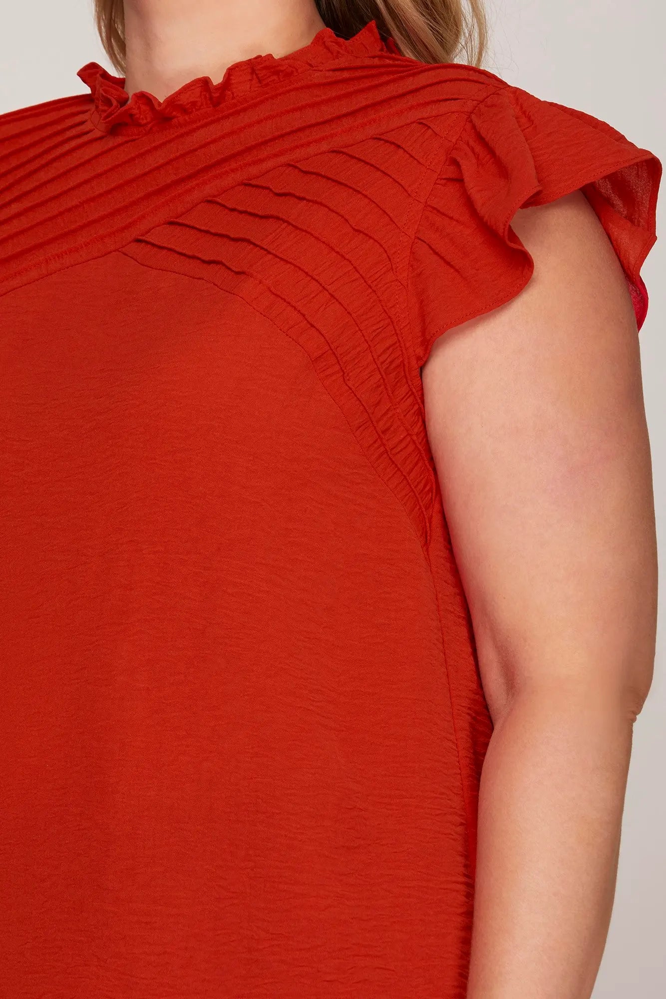 Red Ruffle Detail Pintuck Top