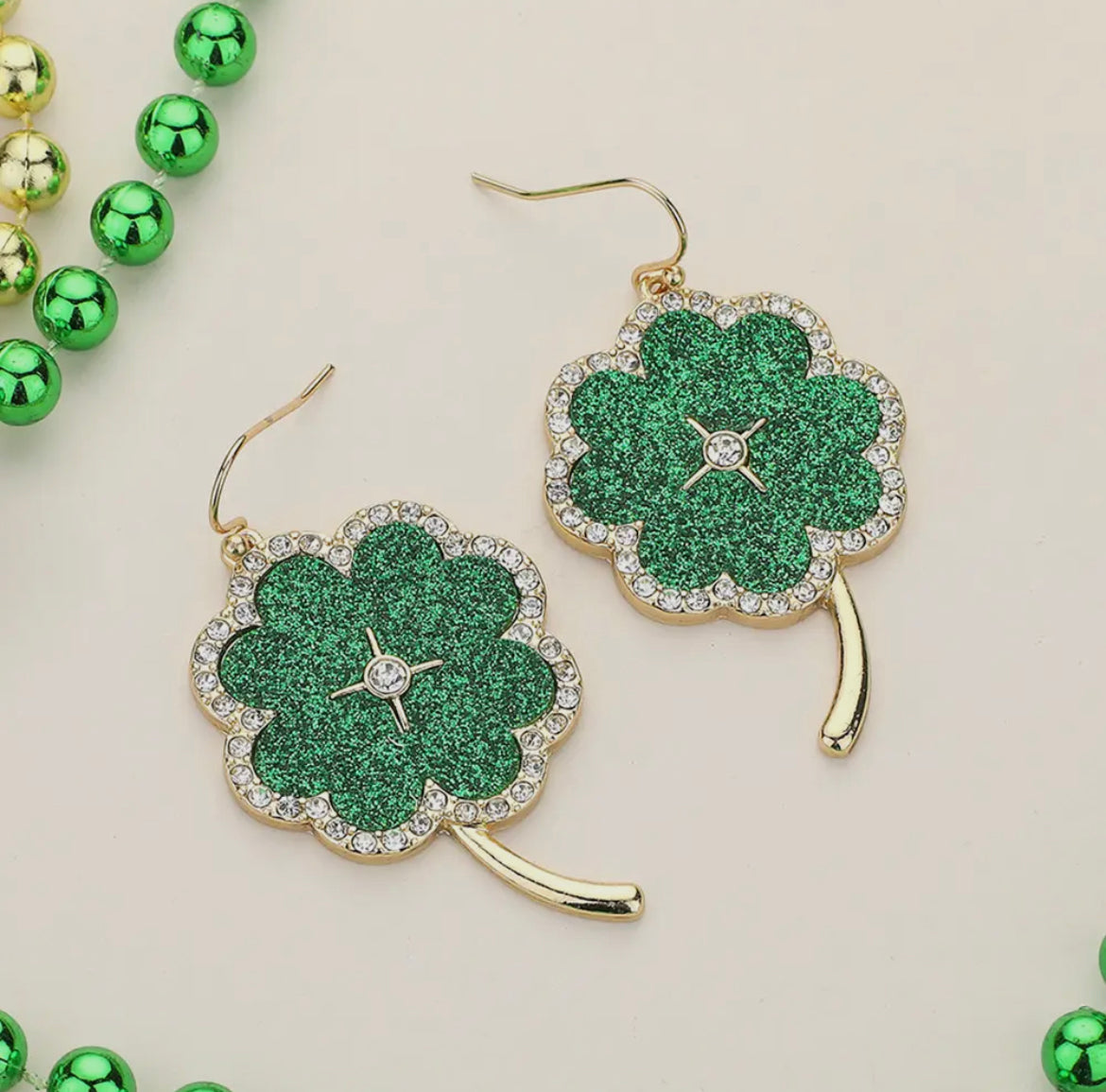 Gold & Green Glitter Shamrock Dangle Earrings