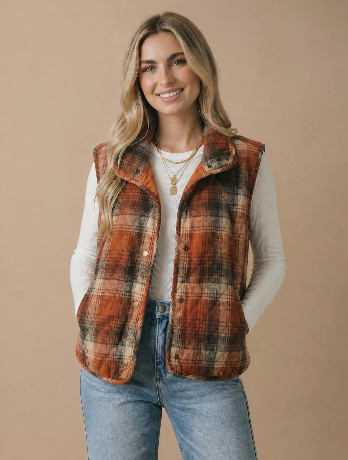Rust Plaid Quilted Snap Button Vest