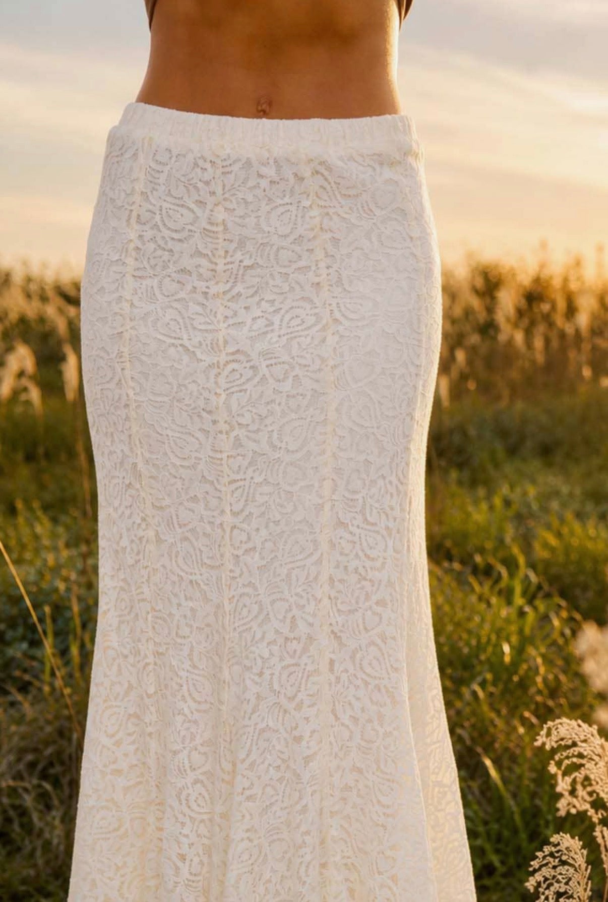 Cream Lace Godet Midi Skirt