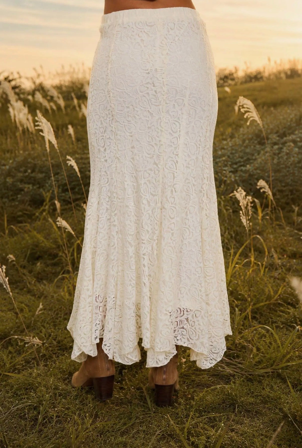 Cream Lace Godet Midi Skirt