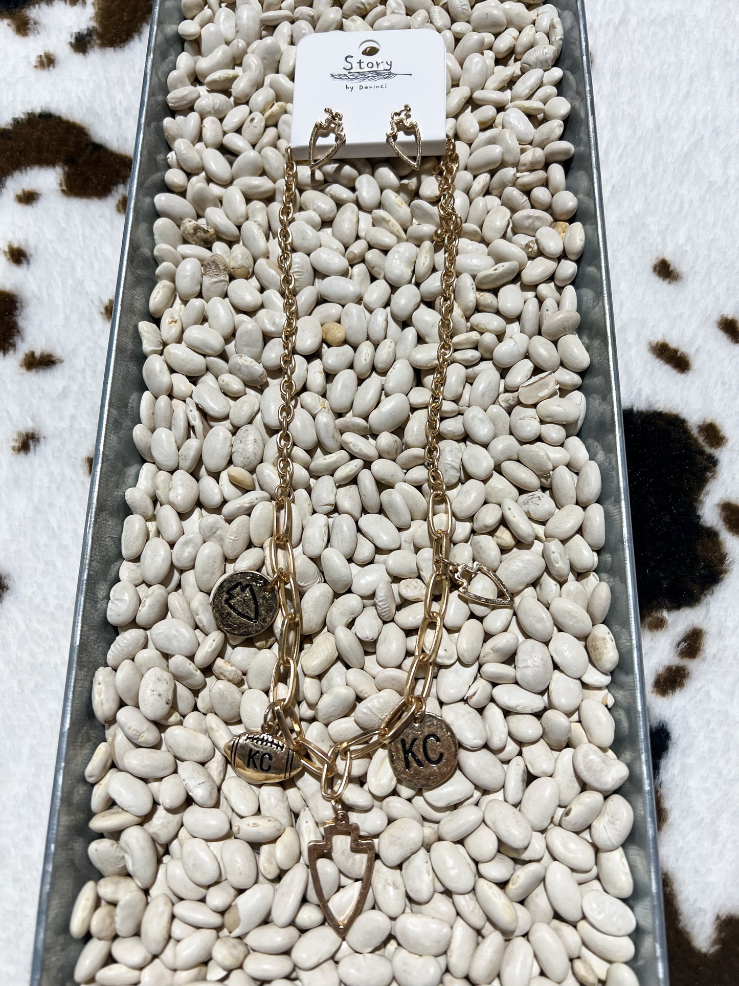 Hammered Gold KC Charm Necklace + Earrings Set