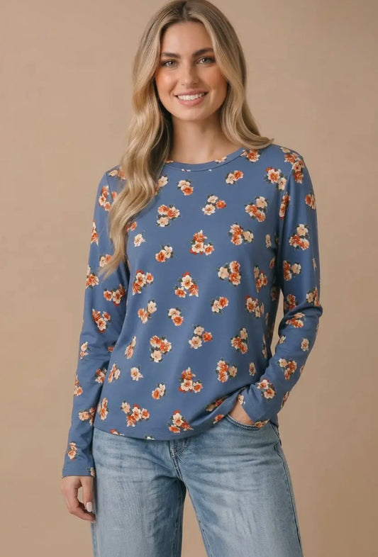 Blue Vintage Floral Long Sleeve Top