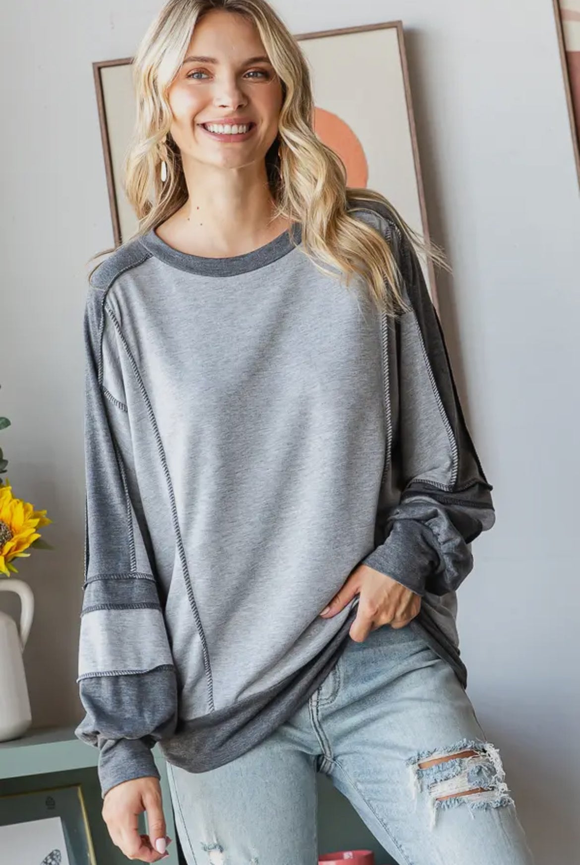 Grey + Plaid Colorblock Long Sleeve Top