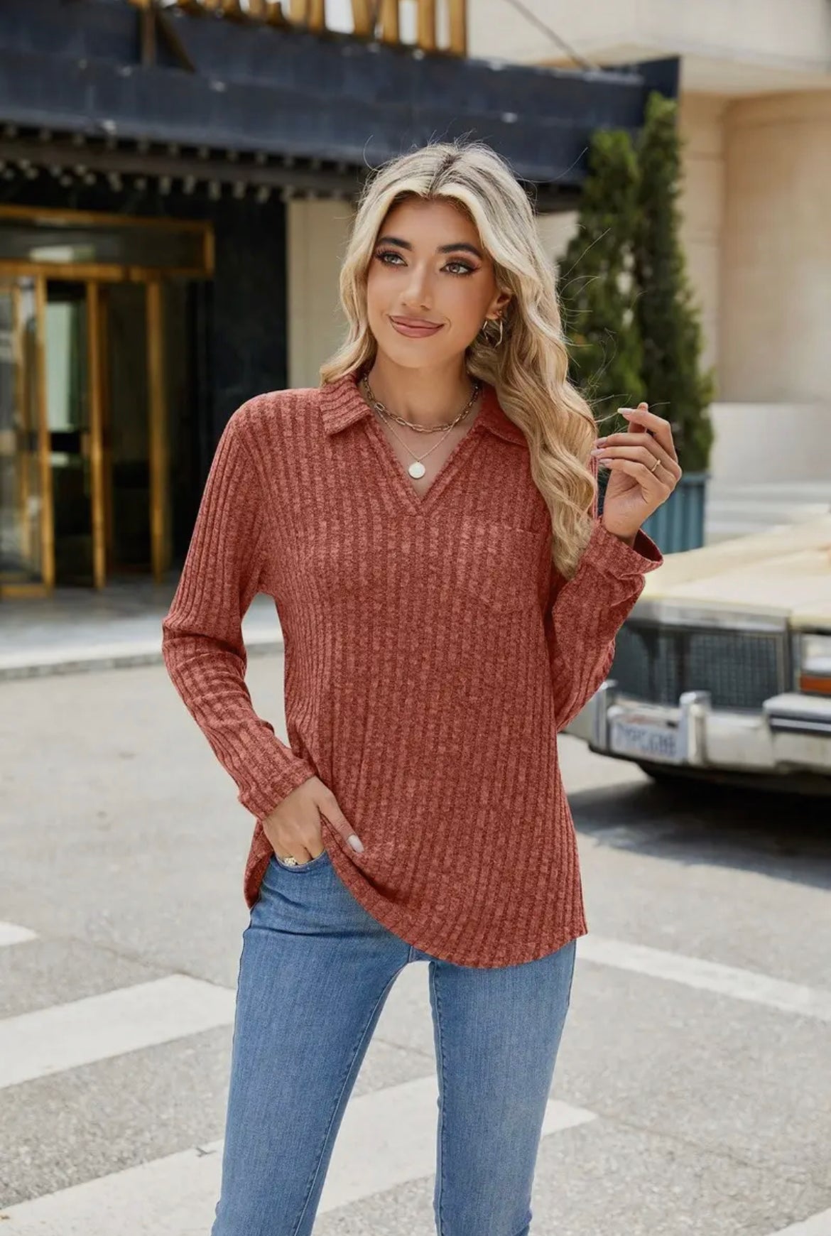 X-LARGE Rust Lapel Long Sleeve Top