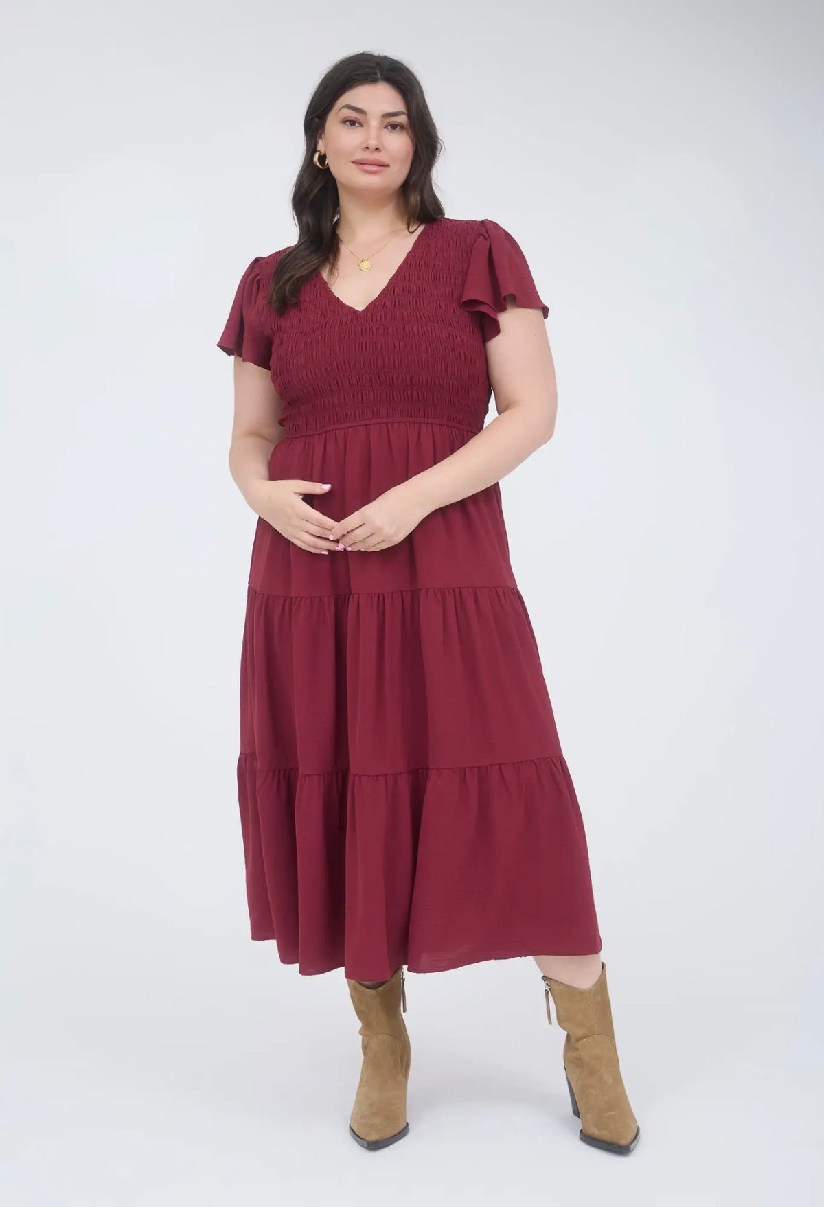 Burgundy Smocked Flutter Sleeve Midi Dress