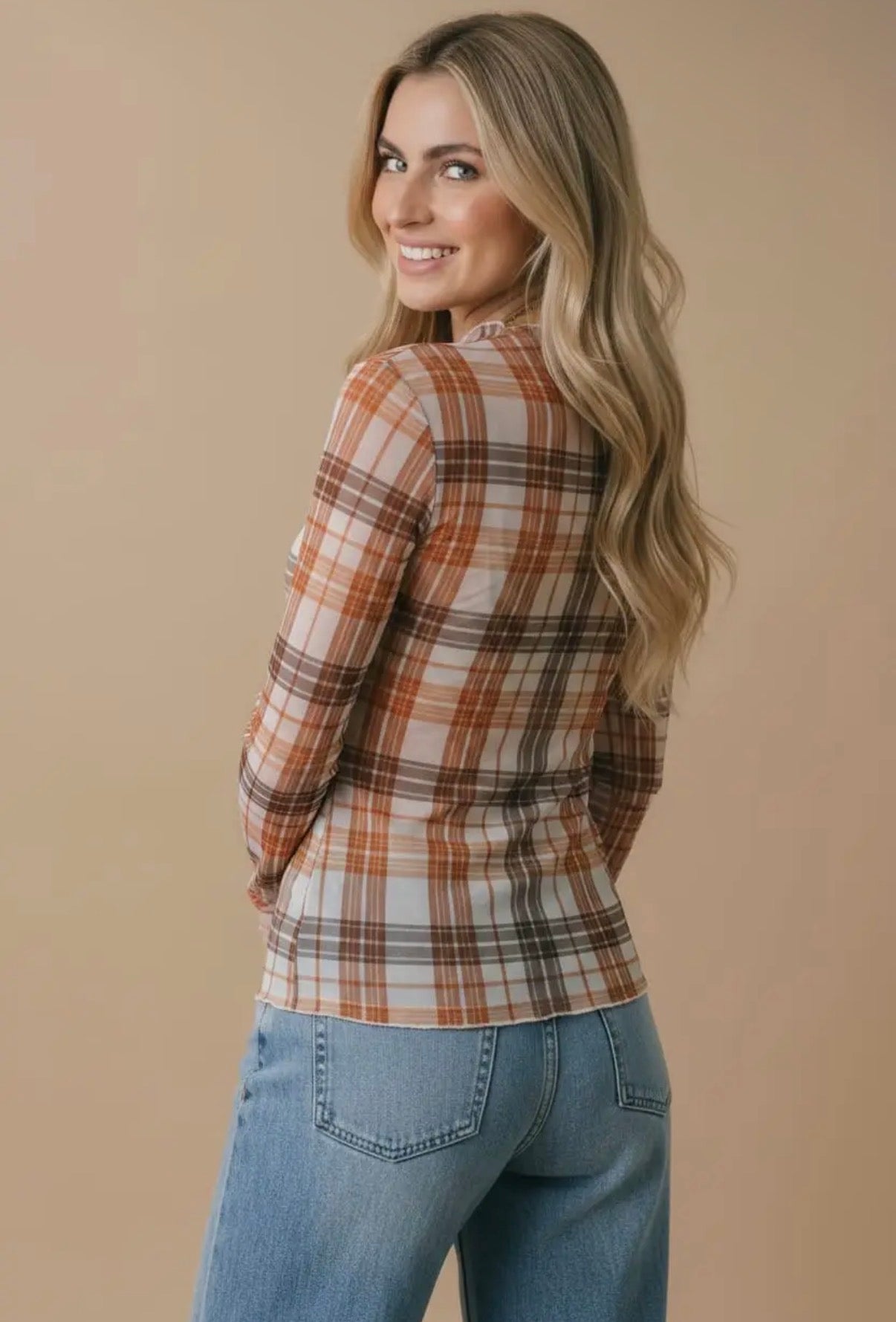 Oatmeal + Rust Plaid Mesh Long Sleeve