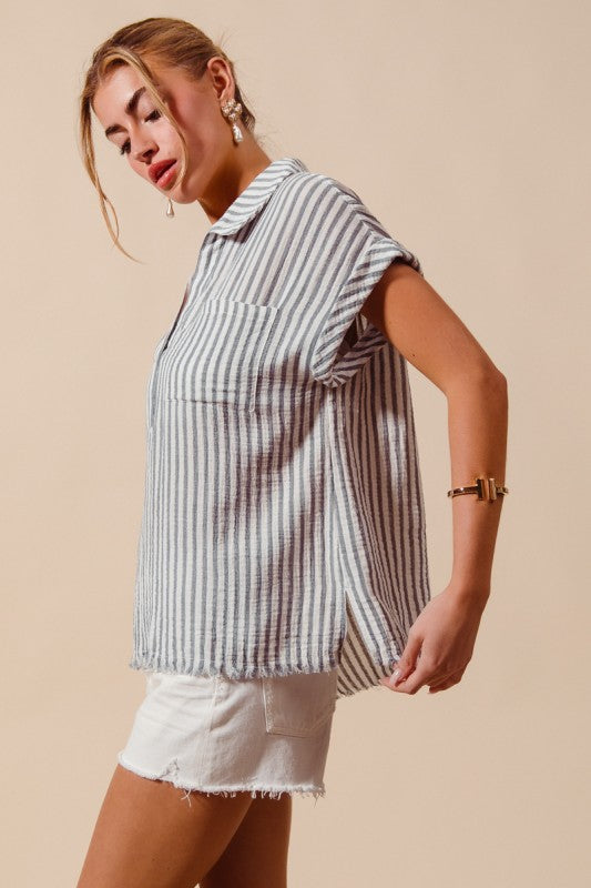 Denim Blue Stripe Cotton Top
