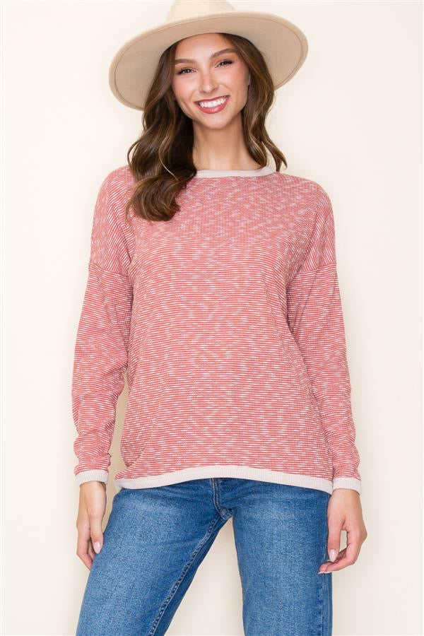 Rust Mixed Knit Long Sleeve Top