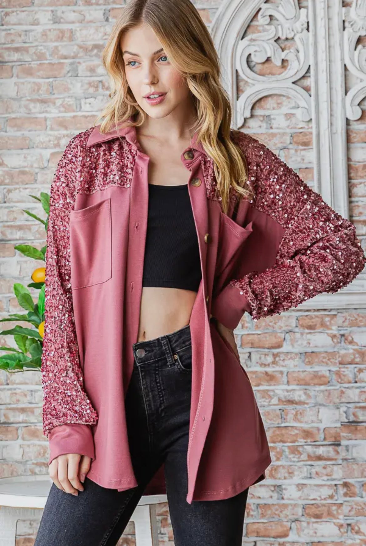 Pink Sequin Sleeve Shacket