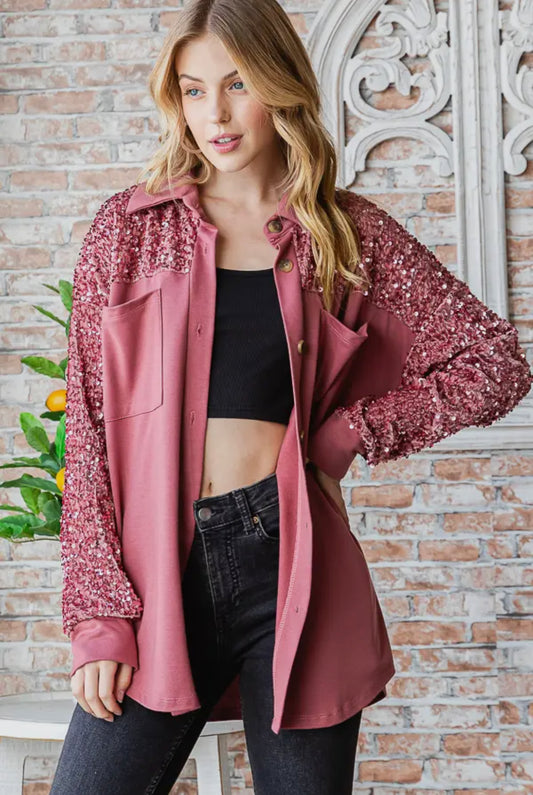 Pink Sequin Sleeve Shacket