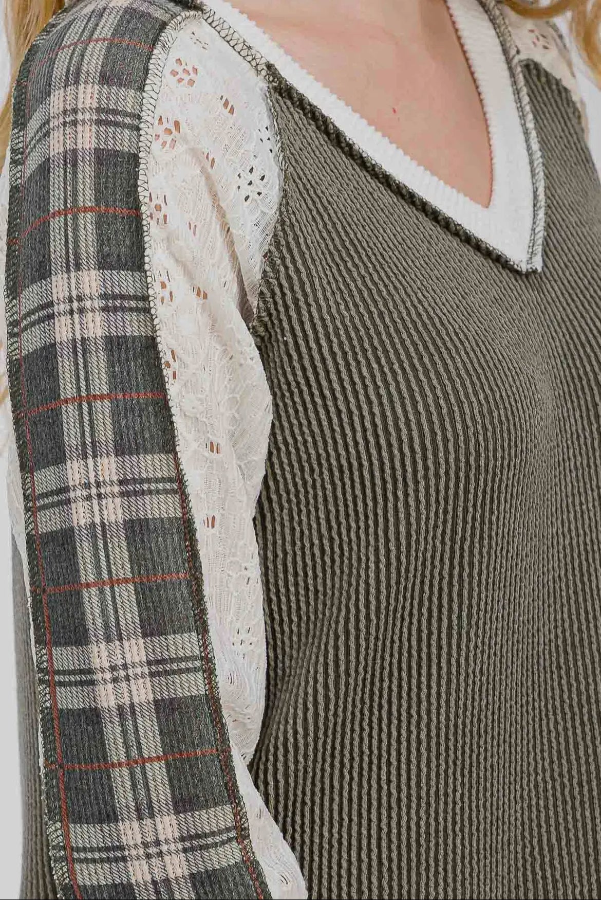 Olive + Plaid Ribbed Colorblock Long Sleeve Top