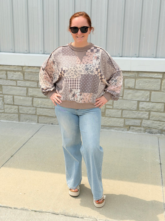 Brown Vintage Patchwork Crewneck Pullover