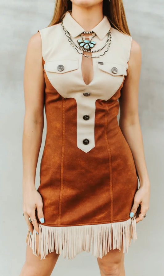 Cognac Suede Sleeveless Fringe Dress