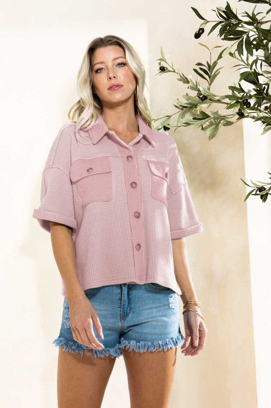 Lavender Waffle Knit Button Down Top