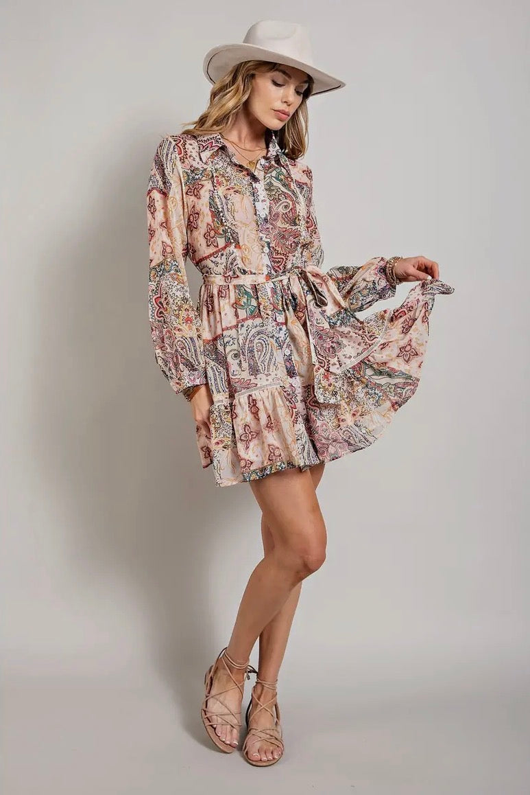 Pretty Paisley Long Sleeve Button Down Shirt Dress