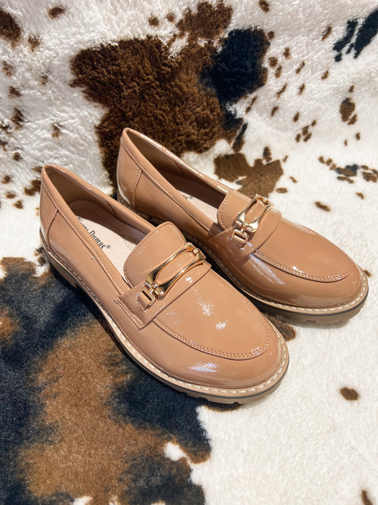 Anessa Taupe Faux Patent Leather Buckle Loafer