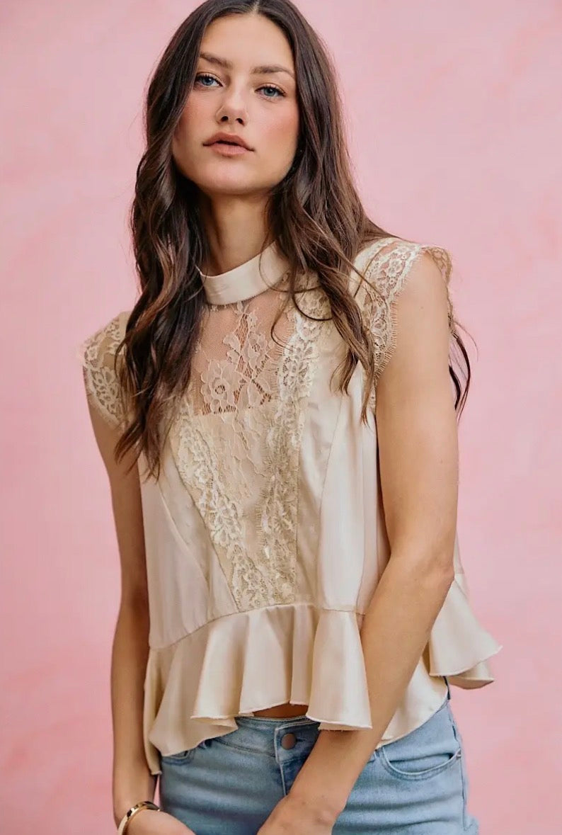 Champagne Satin Lace Peplum Top