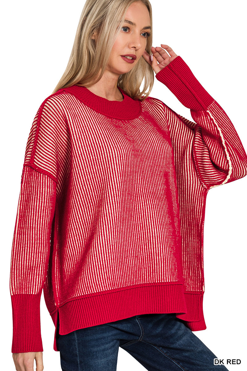 Dark Red Ribbed Two-Tone Sweater