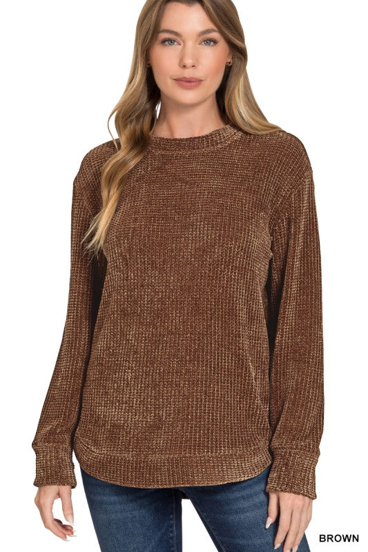 Brown Chenille Waffle Knit Sweater