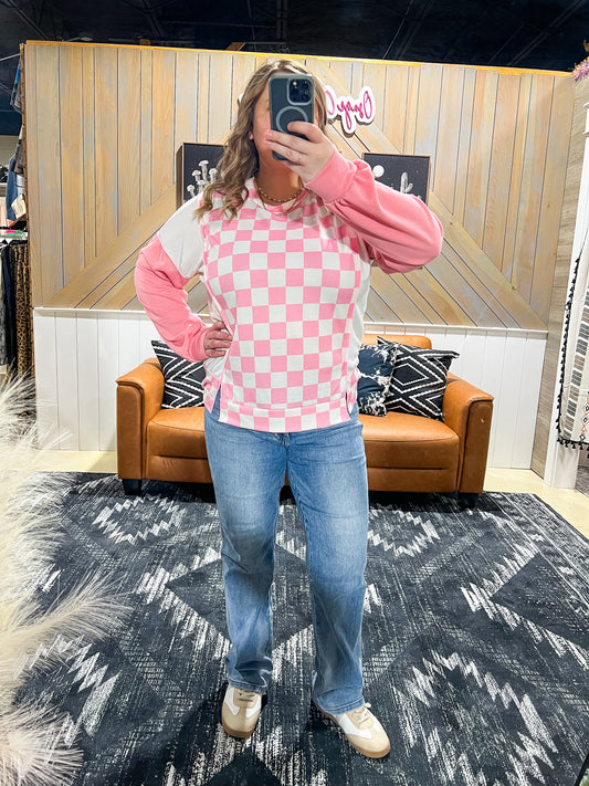 Pink Checkered Long Sleeve Top