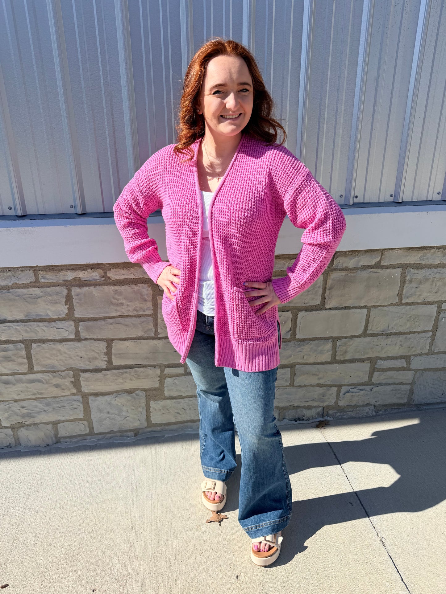 Candy Pink Waffle Knit Cardigan