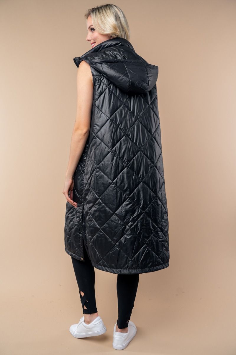 Black Hooded Long Padded Vest