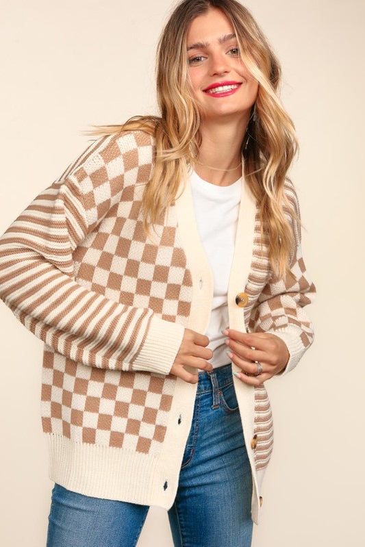 Oatmeal Checkered + Striped Cardigan