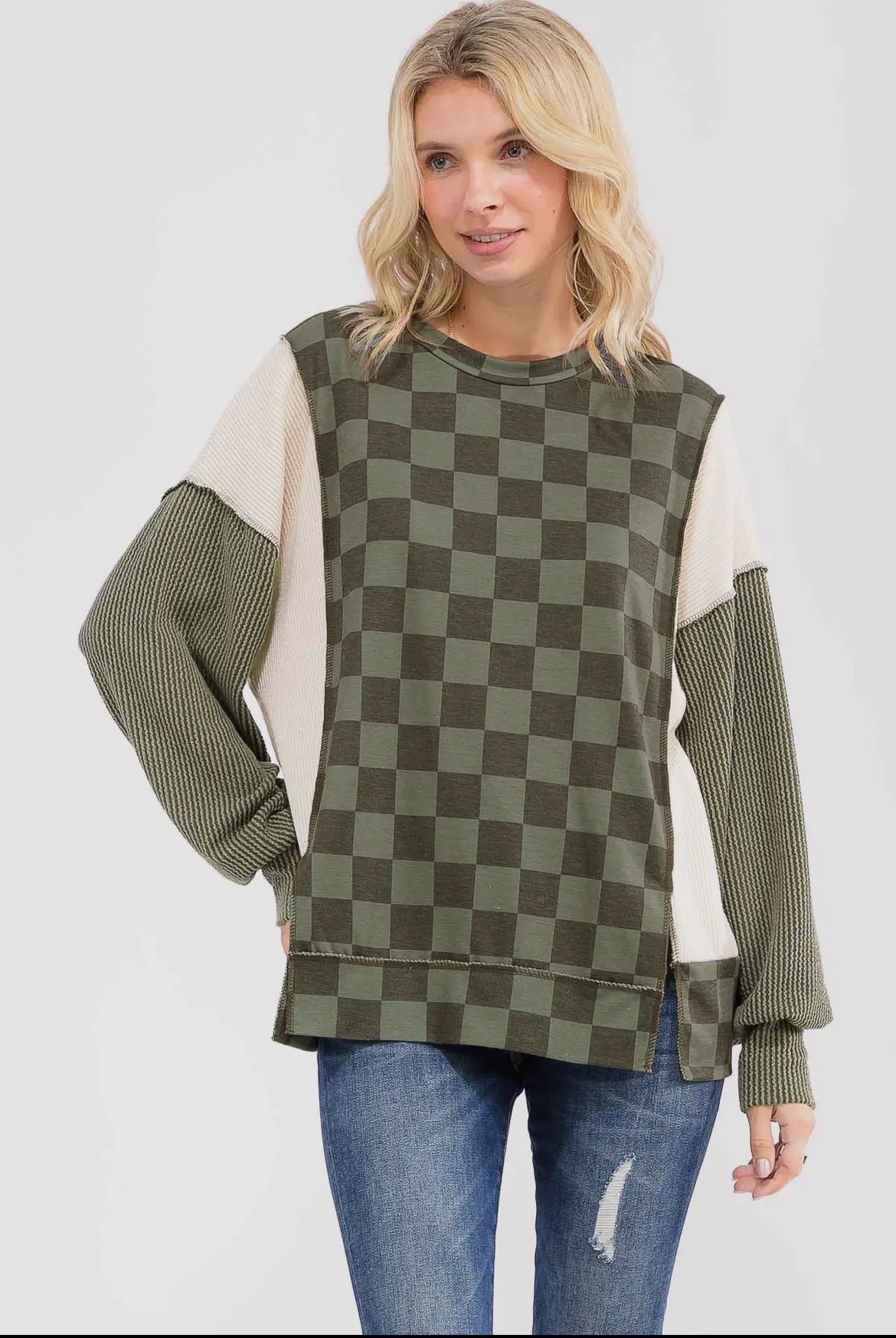 Olive Checkered Ribbed Colorblock Long Sleeve Top