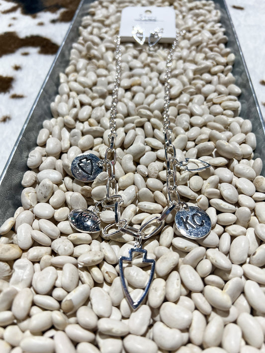 Hammered Silver KC Charm Necklace + Earrings Set