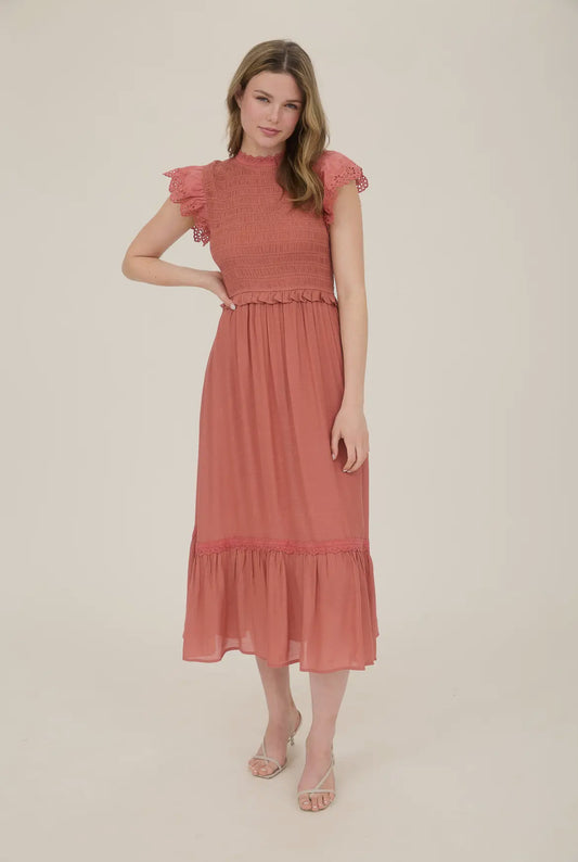 Terracotta Smocked Eyelet Trim Midi Dress