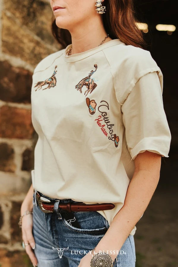 Sand Bronco Embroidered Raw Hem Tee