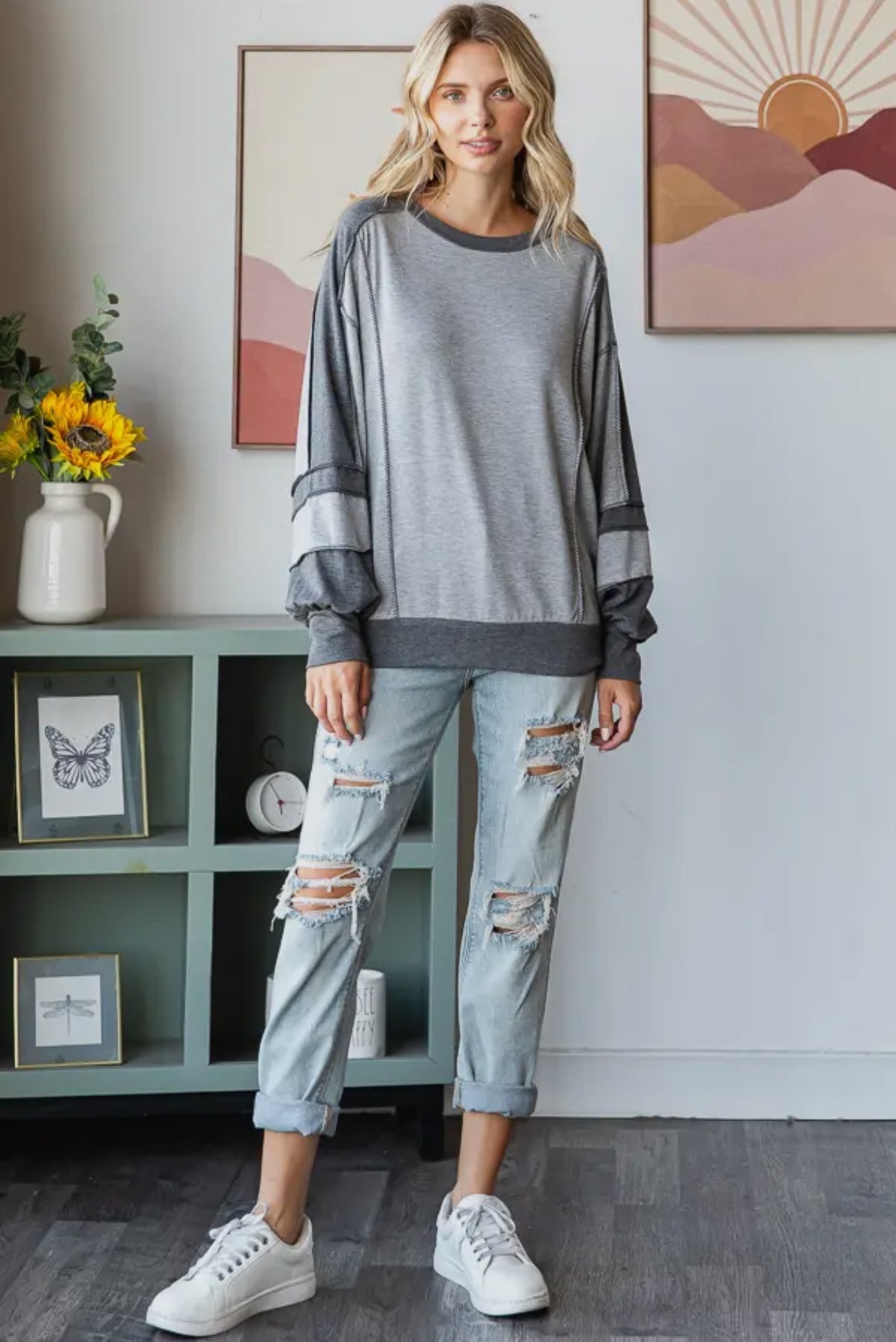 Grey + Plaid Colorblock Long Sleeve Top