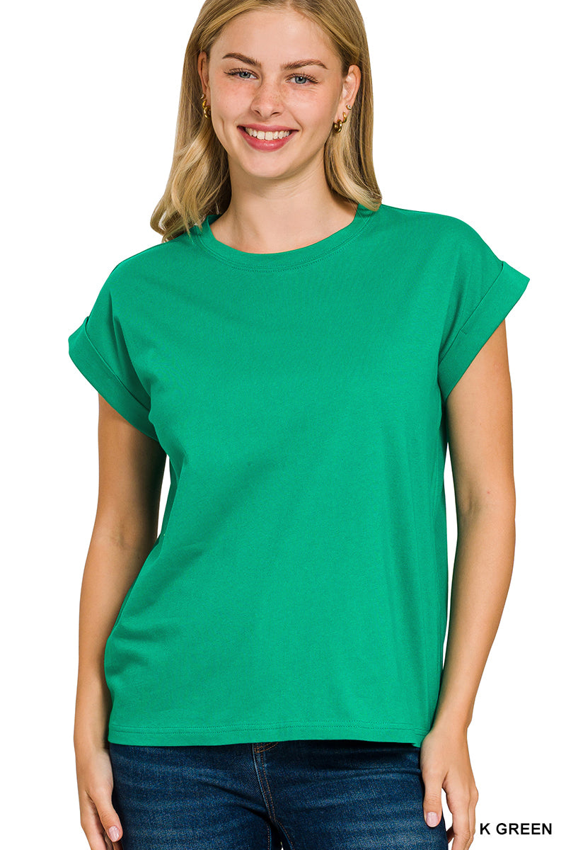 Kelly Green Cotton Rolled Sleeve Top