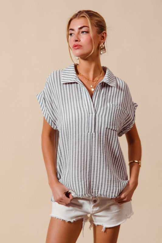 Denim Blue Stripe Cotton Top