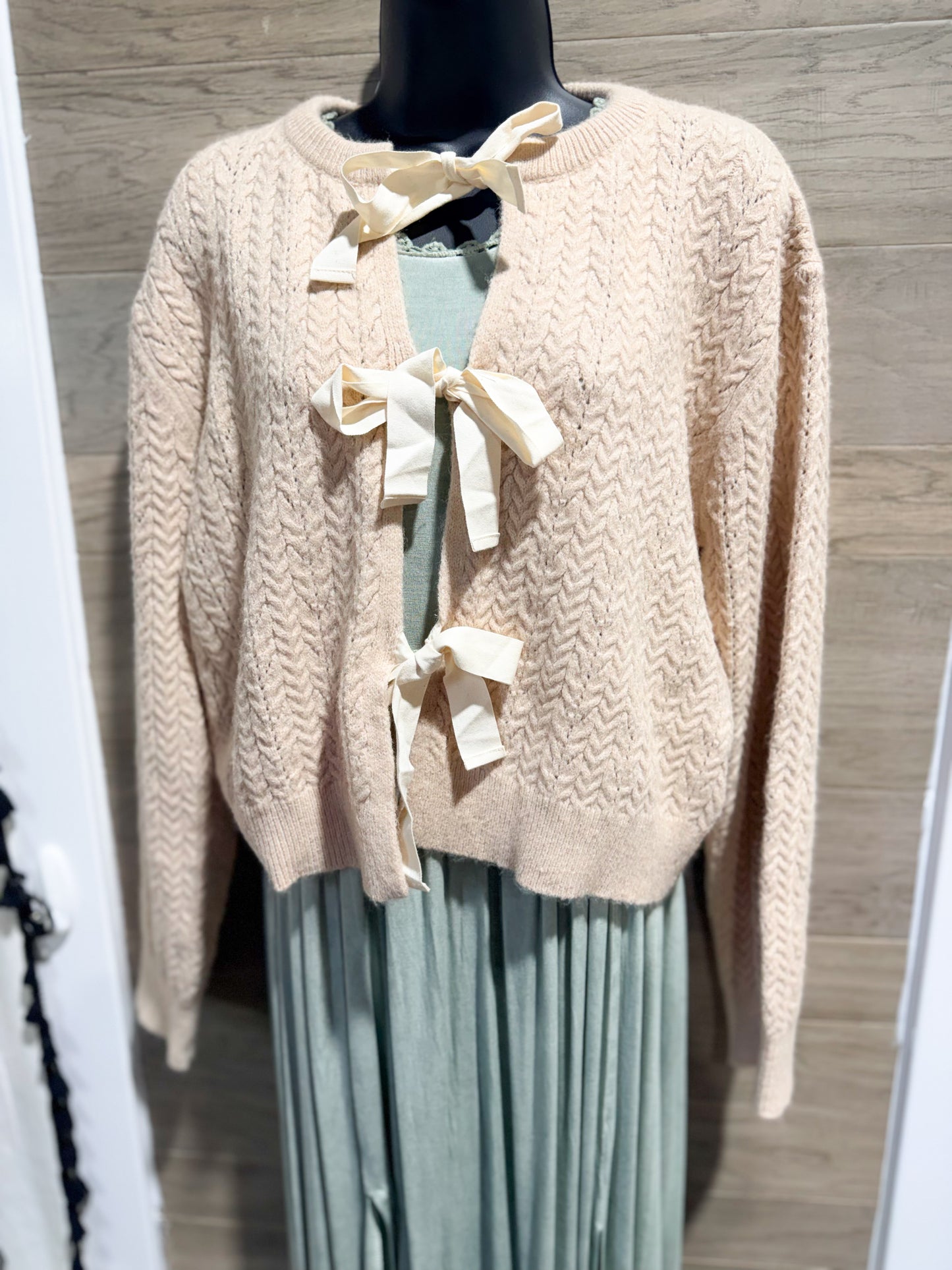 Oatmeal Bow Front Cable Knit Cardigan