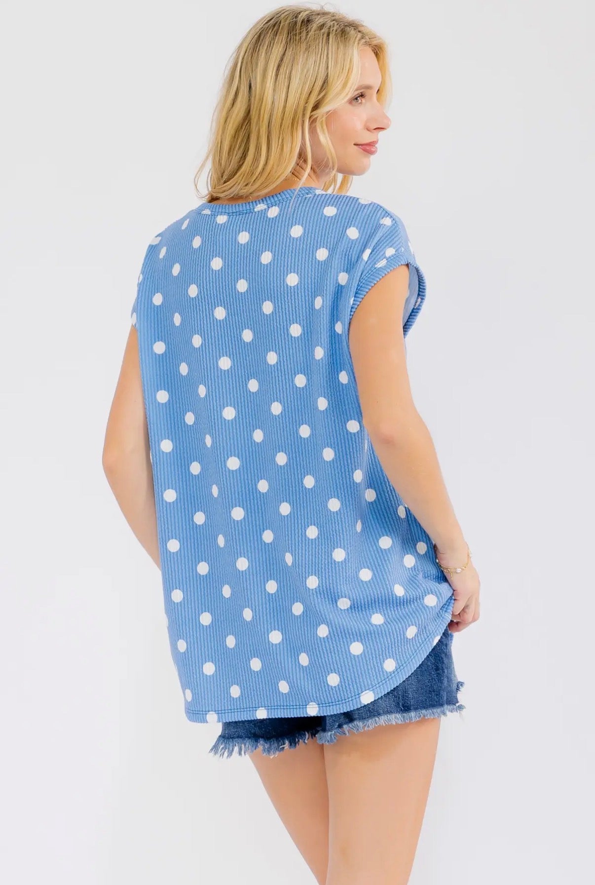 Blue Skies Ribbed Polka Dot Top
