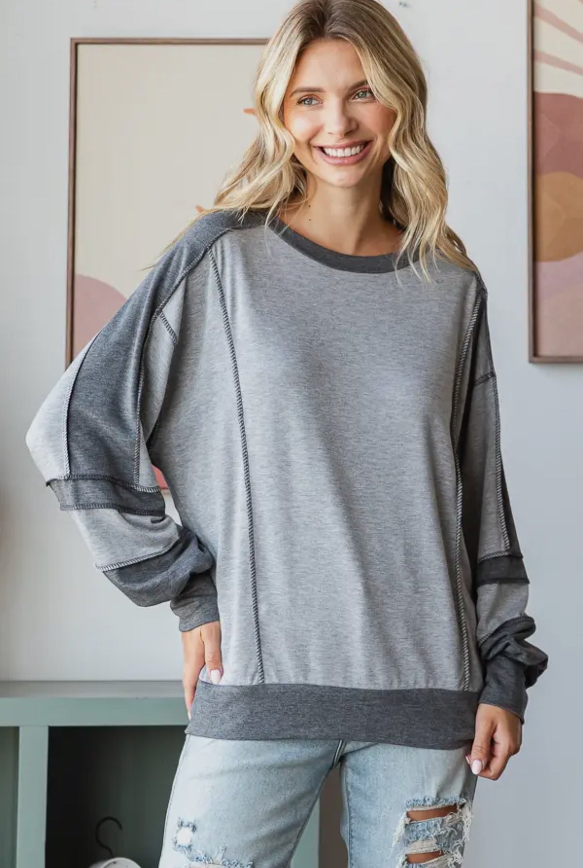 Grey + Plaid Colorblock Long Sleeve Top