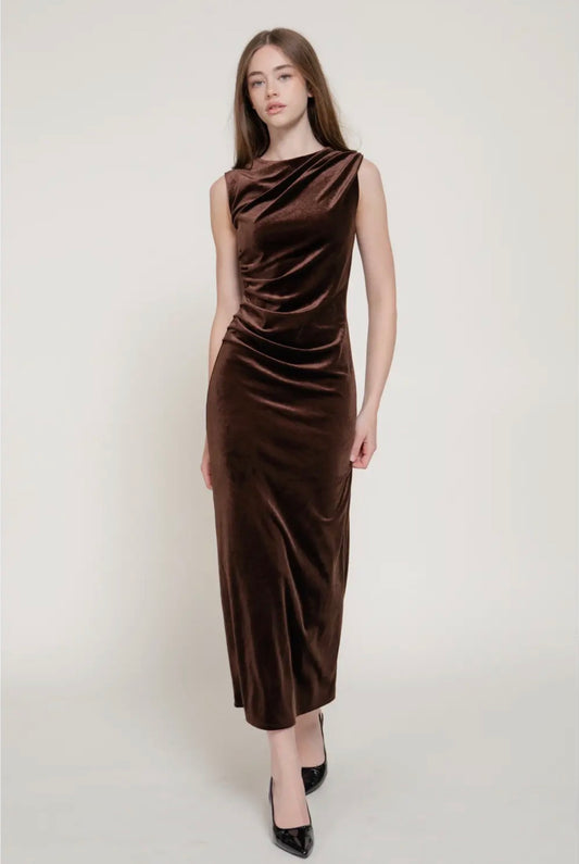 Brown Sleeveless Ruched Velvet Dress