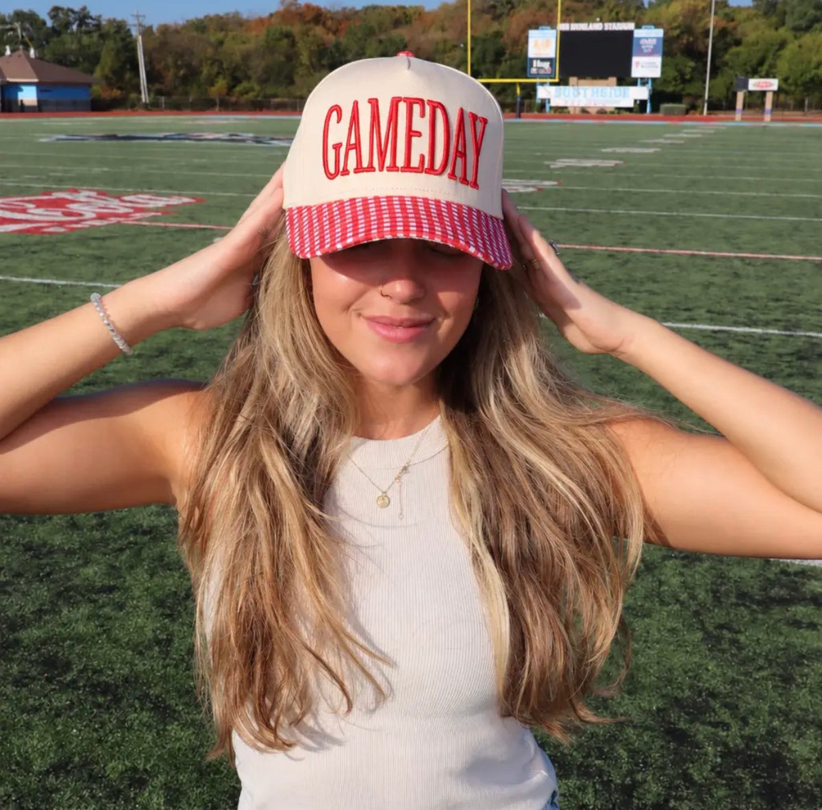 Red Gingham Game Day Trucker Hat