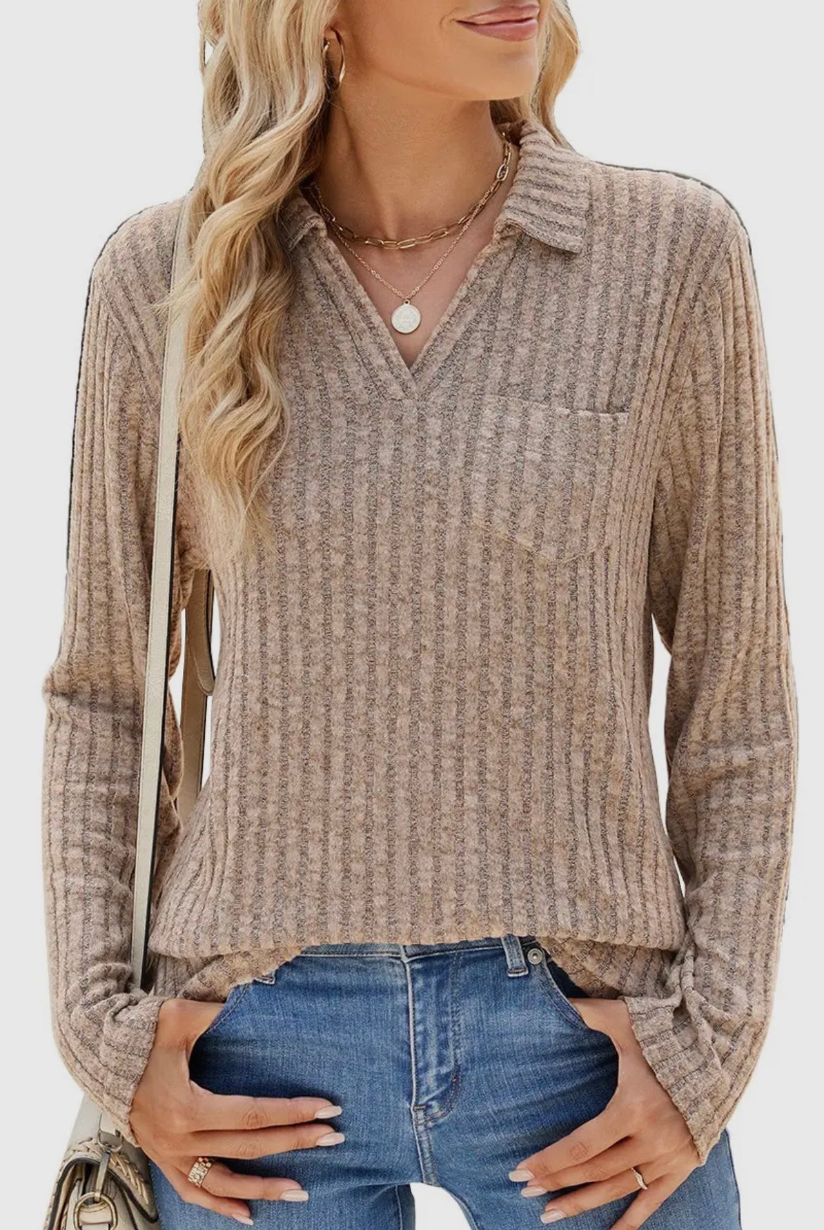 Mocha Lapel Long Sleeve Top