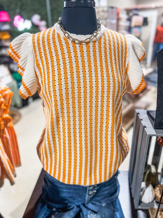 Orange Stripe Ruffle Sleeve Sweater Top