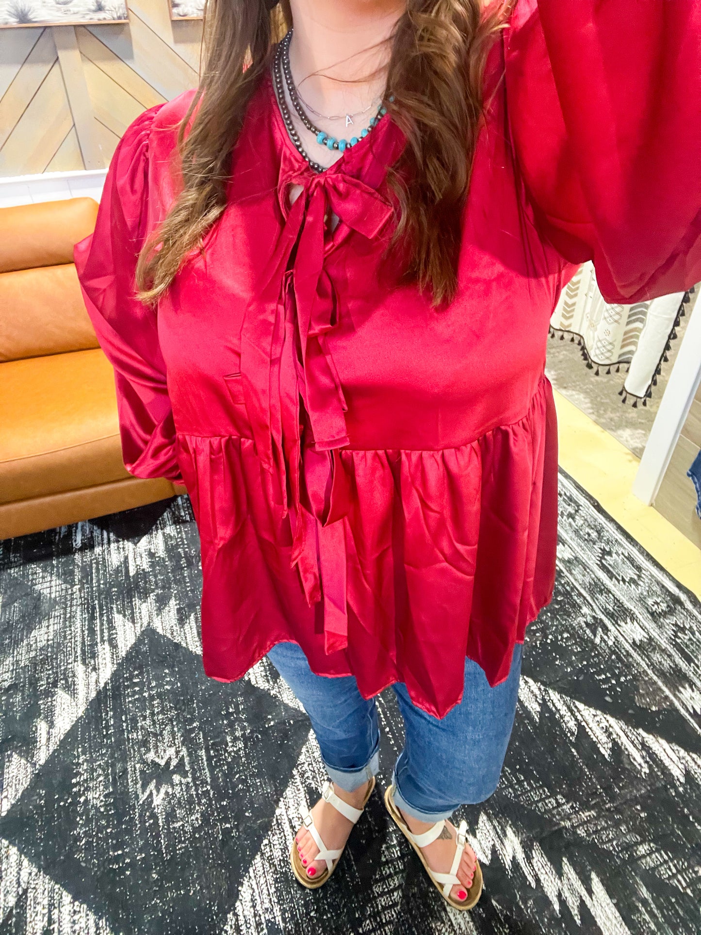 Burgundy Satin Bow Front Babydoll Blouse